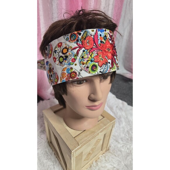 Sugar Skull Handmade Colorful Bling Rhinestone Biker Tie Head Band - Picture 4 of 12